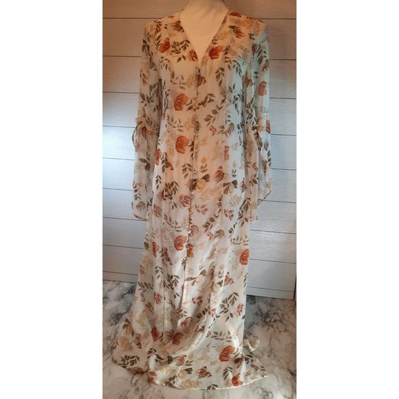 UMGEE Floral Print Sheer Buttoned Front Bell Sleeves Maxi Dress Cardigan Sz S - Picture 2 of 13